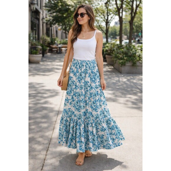 Garnet Hill Dresses & Skirts - GarnetHill Skirt Large Tiered Botanical Garden Coastal Flowy Feminine Blue White
